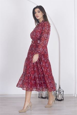 Neşeli butik kadın astarlı etnik desenli şifon elbise RSNB002 - Bordo