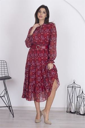 Neşeli butik kadın astarlı etnik desenli şifon elbise RSNB002 - Bordo
