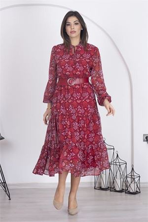 Neşeli butik kadın astarlı etnik desenli şifon elbise RSNB002 - Bordo