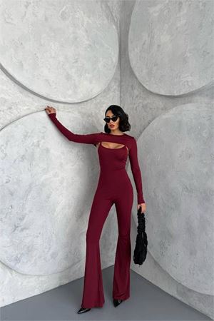 Neşeli butik kadın bordo bolero detaylı ispanyol tulum NBDF120