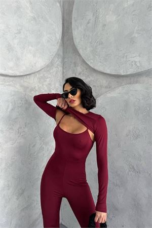 Neşeli butik kadın bordo bolero detaylı ispanyol tulum NBDF120