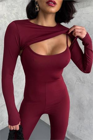 Neşeli butik kadın bordo bolero detaylı ispanyol tulum NBDF120