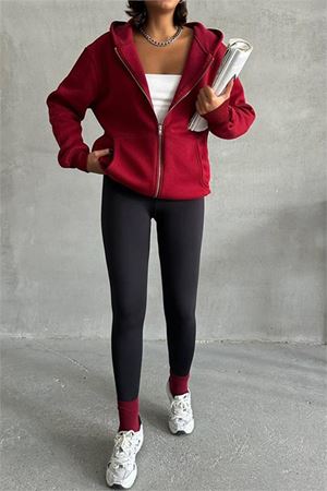 Neşeli butik kadın bordo kapuşonlu içi pamuklu sweat NBG030