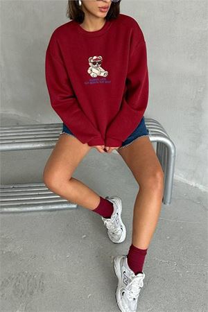 Neşeli butik kadın bordo içi pamuklu nakış detaylı sweat NBG035