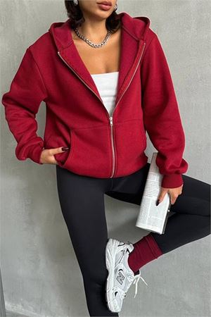 Neşeli butik kadın bordo kapuşonlu içi pamuklu sweat NBG030