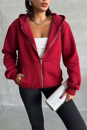 Neşeli butik kadın bordo kapuşonlu içi pamuklu sweat NBG030