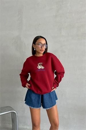 Neşeli butik kadın bordo içi pamuklu nakış detaylı sweat NBG035