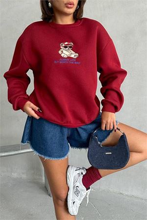Neşeli butik kadın bordo içi pamuklu nakış detaylı sweat NBG035