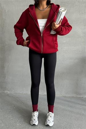 Neşeli butik kadın bordo kapuşonlu içi pamuklu sweat NBG030