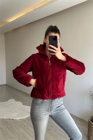 Neşeli butik kadın fitilli desen kadife kısa şişme mont NM005