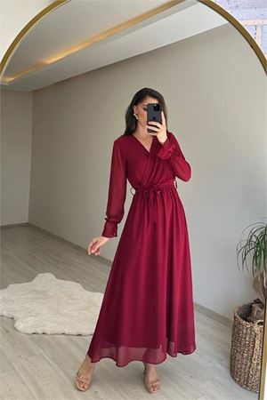 Neşeli butik kadın uzun kollu kuşaklı maxi şifon elbise NM001