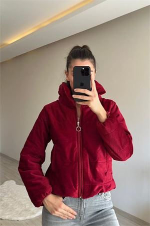Neşeli butik kadın fitilli desen kadife kısa şişme mont NM005