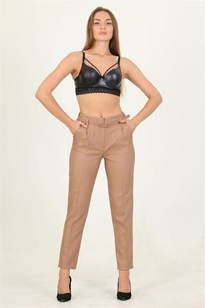 Neşeli butik kadın camel kemerli beli lastikli yeni sezon kumaş pantolon QNS032