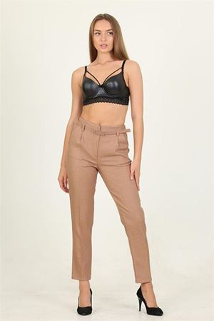 Neşeli butik kadın camel kemerli beli lastikli yeni sezon kumaş pantolon QNS032