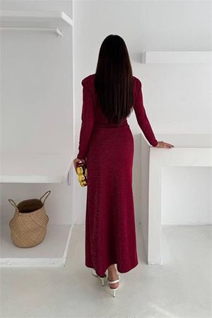 Neşeli butik kadın kol vatkalı toka detaylı drapeli maxi elbise NBK4358
