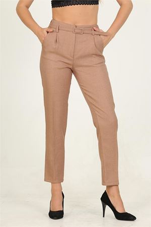 Neşeli butik kadın camel kemerli beli lastikli yeni sezon kumaş pantolon QNS032