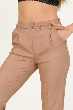 Neşeli butik kadın camel kemerli beli lastikli yeni sezon kumaş pantolon QNS032
