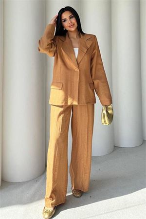 Neşeli butik kadın camel oversize tek düğmeli blazer ceket pantolon takım NBSTR4085