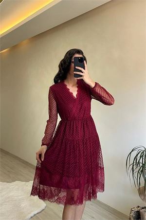 Neşeli butik kadın kruvaze yaka dantelli tül elbise NM010