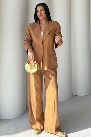 Neşeli butik kadın camel oversize tek düğmeli blazer ceket pantolon takım NBSTR4085