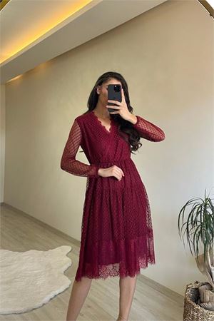 Neşeli butik kadın kruvaze yaka dantelli tül elbise NM010