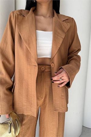 Neşeli butik kadın camel oversize tek düğmeli blazer ceket pantolon takım NBSTR4085