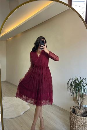 Neşeli butik kadın kruvaze yaka dantelli tül elbise NM010