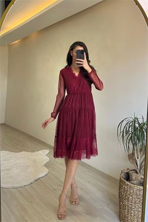 Neşeli butik kadın kruvaze yaka dantelli tül elbise NM010