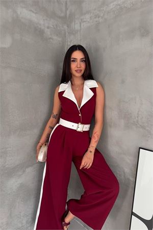 Neşeli butik kadın bordo çift renkli kemerli şerit detaylı tam boy kolsuz tulum NBK087