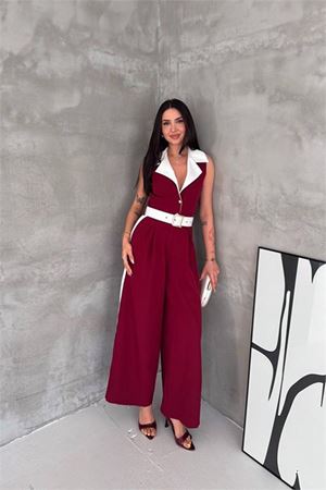 Neşeli butik kadın bordo çift renkli kemerli şerit detaylı tam boy kolsuz tulum NBK087