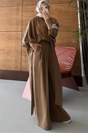 Neşeli butik kadın camel şerit detaylı oversize tunik pantolon ikili tesettür takım NMS102