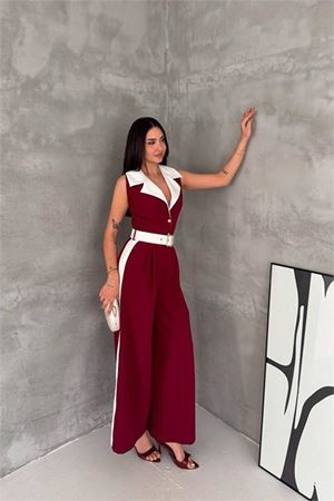 Neşeli butik kadın bordo çift renkli kemerli şerit detaylı tam boy kolsuz tulum NBK087