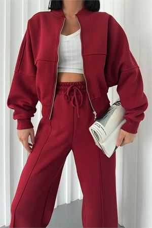 Neşeli butik kadın şardonlu üç iplik eşofman takımı GTS018 - Bordo