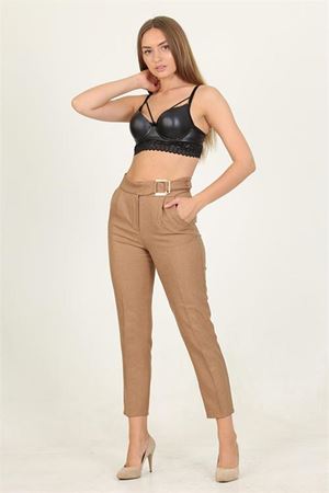 Neşeli butik kadın camel metal kemerli cepli ofis pantolon QNS028