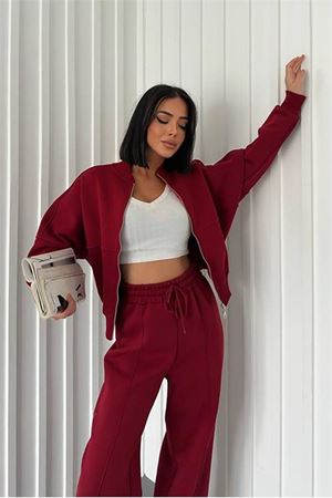 Neşeli butik kadın şardonlu üç iplik eşofman takımı GTS018 - Bordo