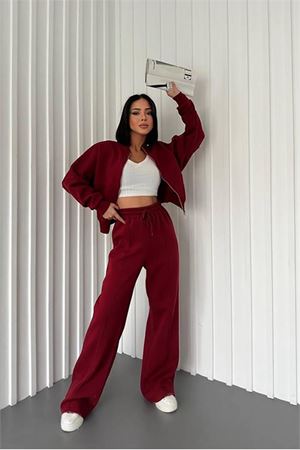Neşeli butik kadın şardonlu üç iplik eşofman takımı GTS018 - Bordo