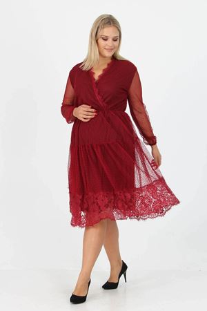 Neşeli butik kadın yeni sezon tül detaylı kruvaze yaka büyük beden elbise APCX14