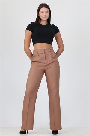 Neşeli butik kadın camel yüksek bel cepli palazzo kumaş pantalon ELA001