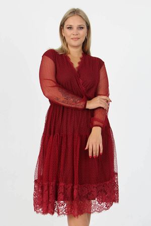 Neşeli butik kadın yeni sezon tül detaylı kruvaze yaka büyük beden elbise APCX14