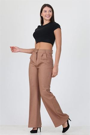 Neşeli butik kadın camel yüksek bel cepli palazzo kumaş pantalon ELA001