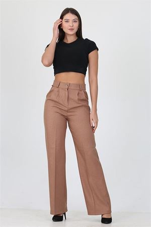 Neşeli butik kadın camel yüksek bel cepli palazzo kumaş pantalon ELA001