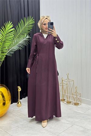 Neşeli butik kadın bordo kol düğme detaylı beğlamalı tesettür ferace elbise --- NMS097