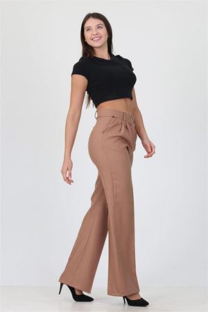 Neşeli butik kadın camel yüksek bel cepli palazzo kumaş pantalon ELA001