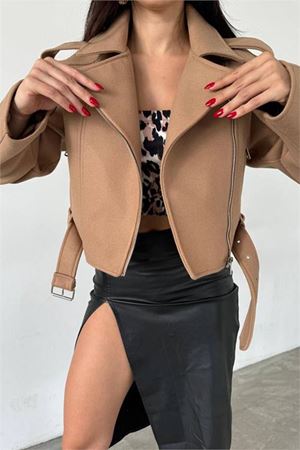 Neşeli butik kadın camel kaşe fermuar detaylı biker mont NBMYLK23