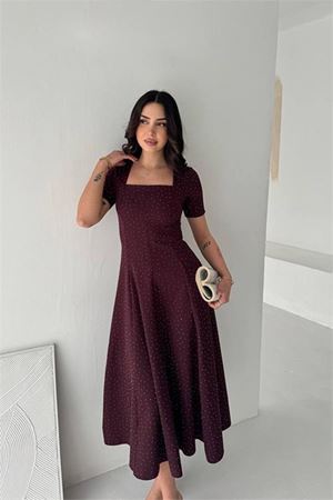 Neşeli butik kadın bordo taş detaylı kare yaka midi boy kısa kollu elbise NBK4605