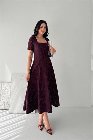 Neşeli butik kadın bordo taş detaylı kare yaka midi boy kısa kollu elbise NBK4605