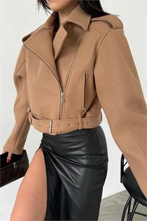 Neşeli butik kadın camel kaşe fermuar detaylı biker mont NBMYLK23