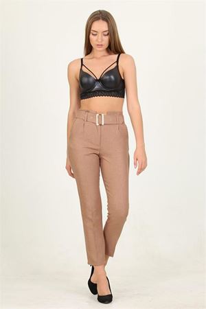 Neşeli butik kadın camel kemerli yüksek bel havuç pantolon QNS033