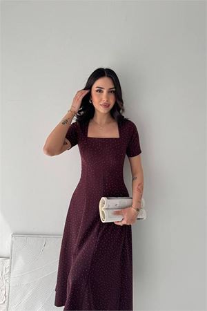 Neşeli butik kadın bordo taş detaylı kare yaka midi boy kısa kollu elbise NBK4605