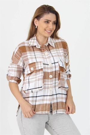 Neşeli butik kadın katlanabilir kol cep detaylı ekose oduncu gömlek NB9020